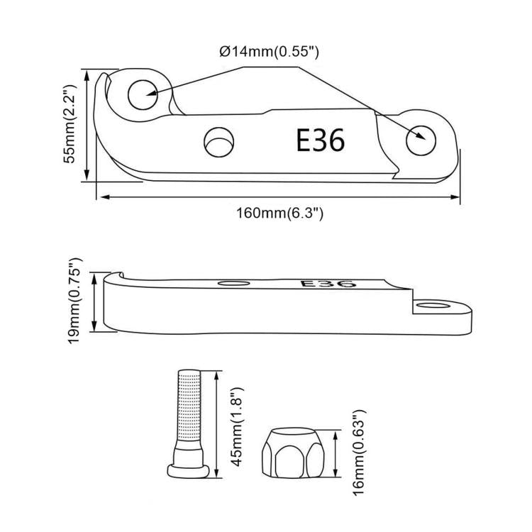 Steering lock retrofit adapter dimension diagram for aluminum bracket