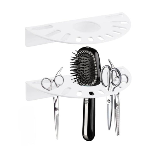 White acrylic scissor holder wall bracket holding hair scissors and brush tools