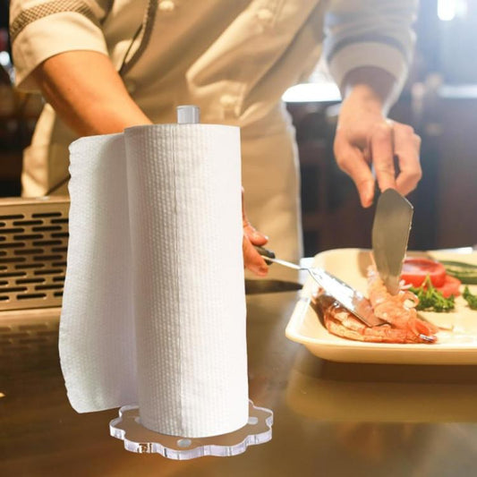 Clear acrylic paper towel holder with vertical dispenser rod and round base