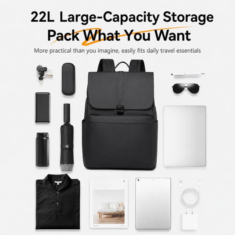Black laptop backpack with top flap, front pocket, and luggage strap loops