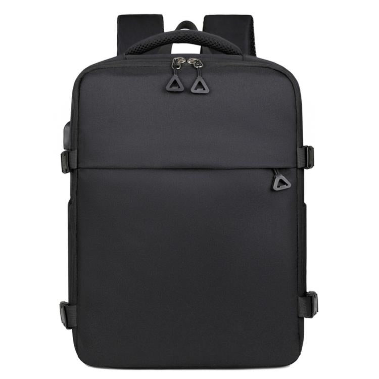 Black laptop backpack with top handle, front flap pocket, and adjustable shoulder straps.