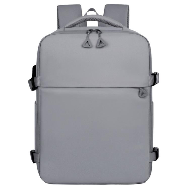 Gray laptop backpack with top handle, front flap pocket, and adjustable shoulder straps.