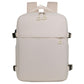 Beige laptop backpack with top handle, front flap pocket, and adjustable shoulder straps.