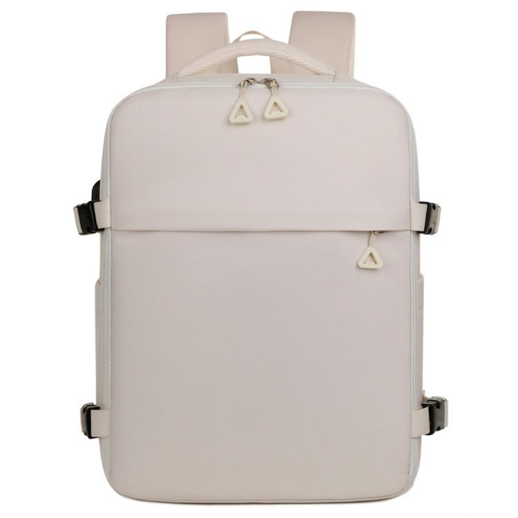 Beige laptop backpack with top handle, front flap pocket, and adjustable shoulder straps.