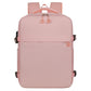Pink laptop backpack with top handle, front flap pocket, and adjustable shoulder straps.