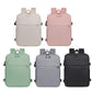 Travel laptop backpack color lineup showing cream, pink, mint, gray, and black versions.