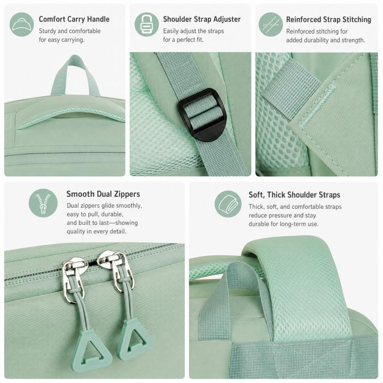 Mint green backpack details: padded straps, reinforced stitching, smooth dual zippers