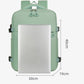 Mint green travel laptop backpack front view with dimensions on screen
