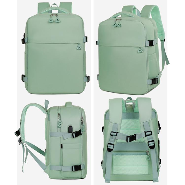 Mint laptop backpack shown in multiple angles with top handle and adjustable straps.