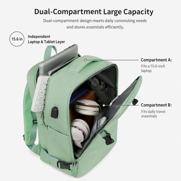 Mint laptop backpack open to reveal a laptop sleeve and separate storage compartments.