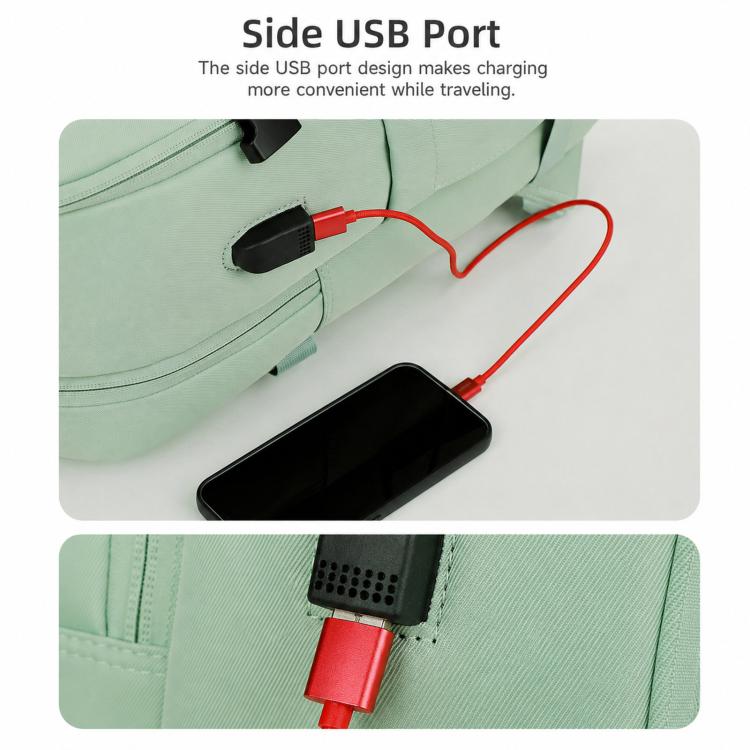 Mint green laptop backpack with side USB port and charging cable passthrough