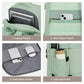 Mint green travel backpack with front compartments and inner mesh pocket views
