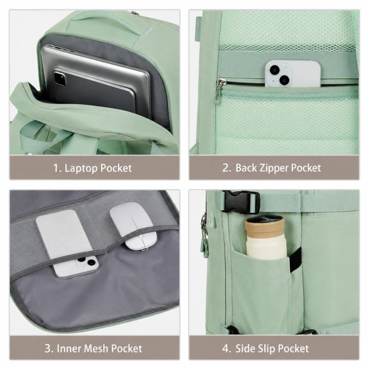 Mint green travel backpack with front compartments and inner mesh pocket views