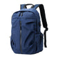 Blue casual laptop backpack with top handle, front zip pocket, and side draw strap.