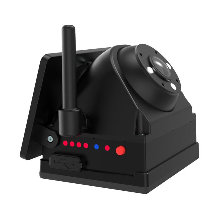 Black dash camera unit with antenna and front indicator LEDs, magnetic mount base.