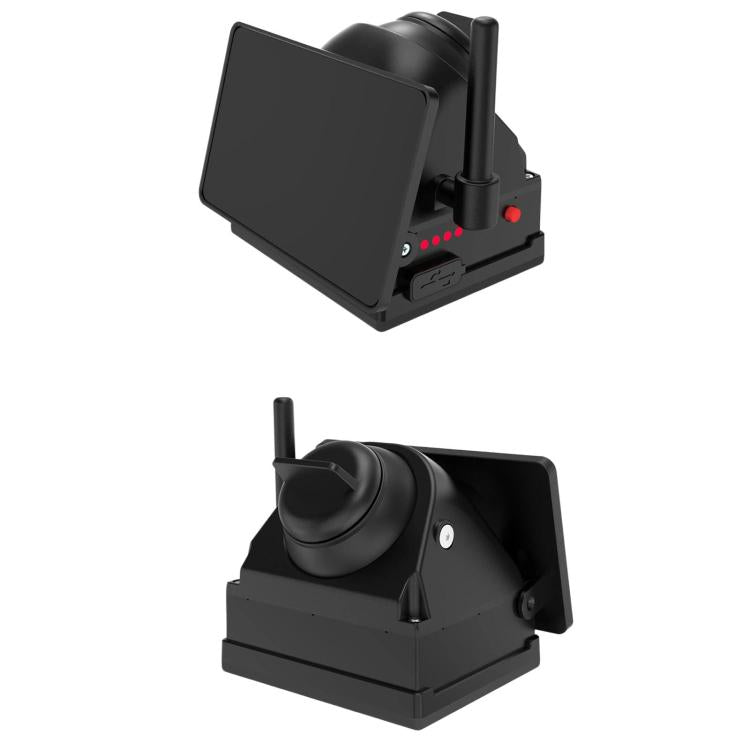 Black dash camera with fold-out screen panel and antenna, compact magnetic mount.