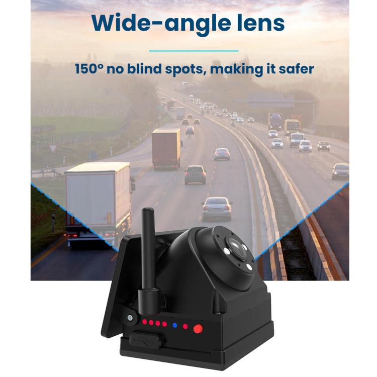 Black dash camera with wide-angle lens housing and LED indicators, compact mount.