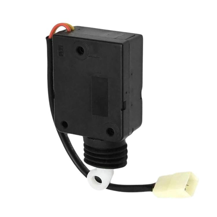 Black car door lock latch actuator with wiring pigtail and white connector