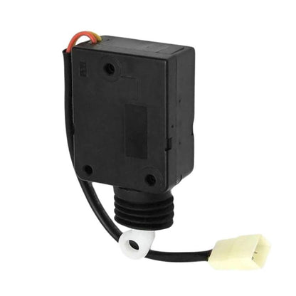 Black car door lock latch actuator with wiring pigtail and white connector