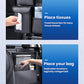 Car seat back organizer with tissue box compartment and open storage pockets, dark gray