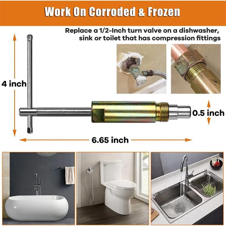 Compression sleeve puller tool with long threaded rod, brass sleeve, and T-handle