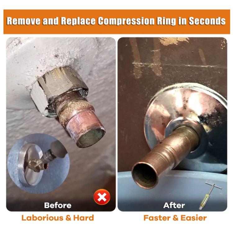 Compression sleeve puller tool on corroded pipe fitting with sleeve and ring