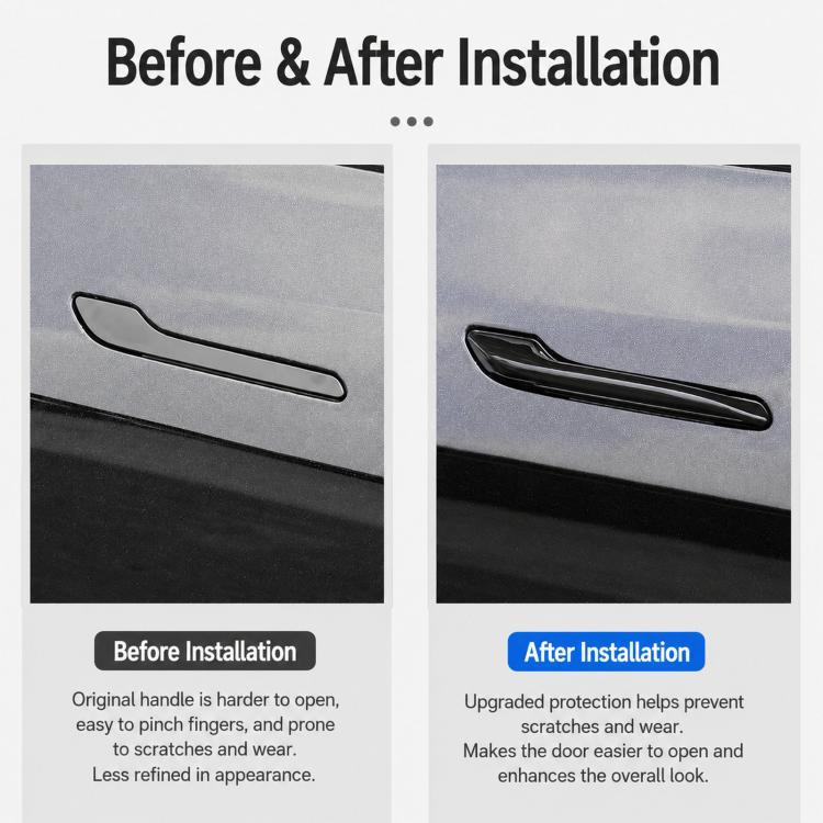 Car door handle before-and-after view with installed dark oval grip cover