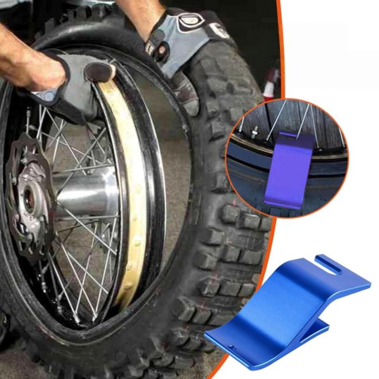 Blue motorcycle tire bead installation bracket, curved metal support tool