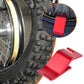 Red motorcycle tire bead installation bracket, curved metal support tool