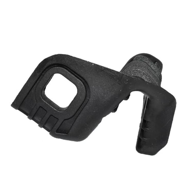 Front headlight bracket retainer clip, black plastic with square mounting hole