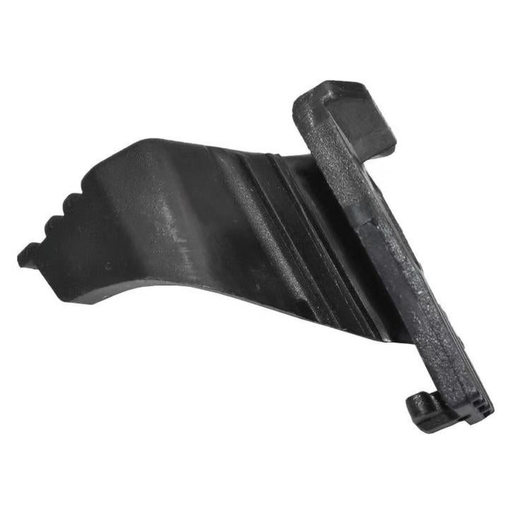 Front headlight bracket retainer clip, black plastic strip with latch tab
