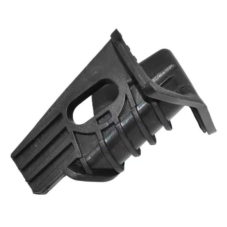 Front headlight bracket retainer clip, black plastic fastener with oval cutout
