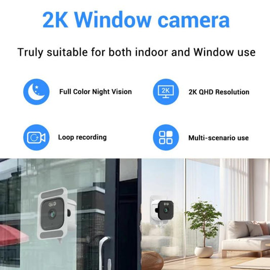 2K window camera shown mounted on a glass window, compact dual-bracket style