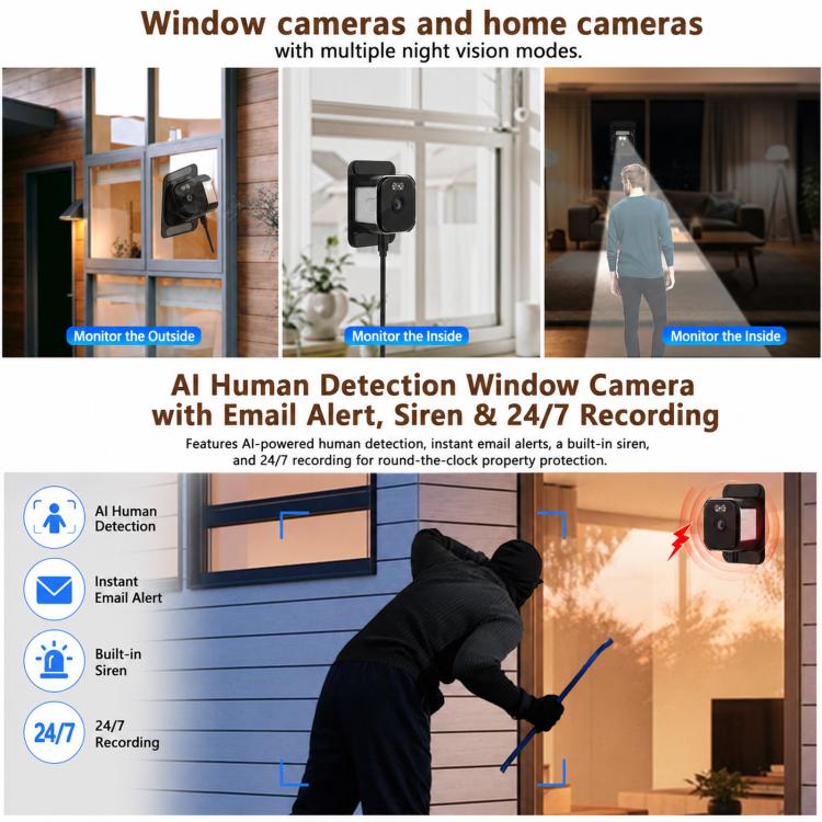 Window camera system showing two dual-bracket units for inside and outside monitoring