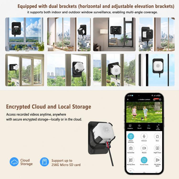 Dual-bracket window camera kit with multiple angles shown and a smartphone app screen