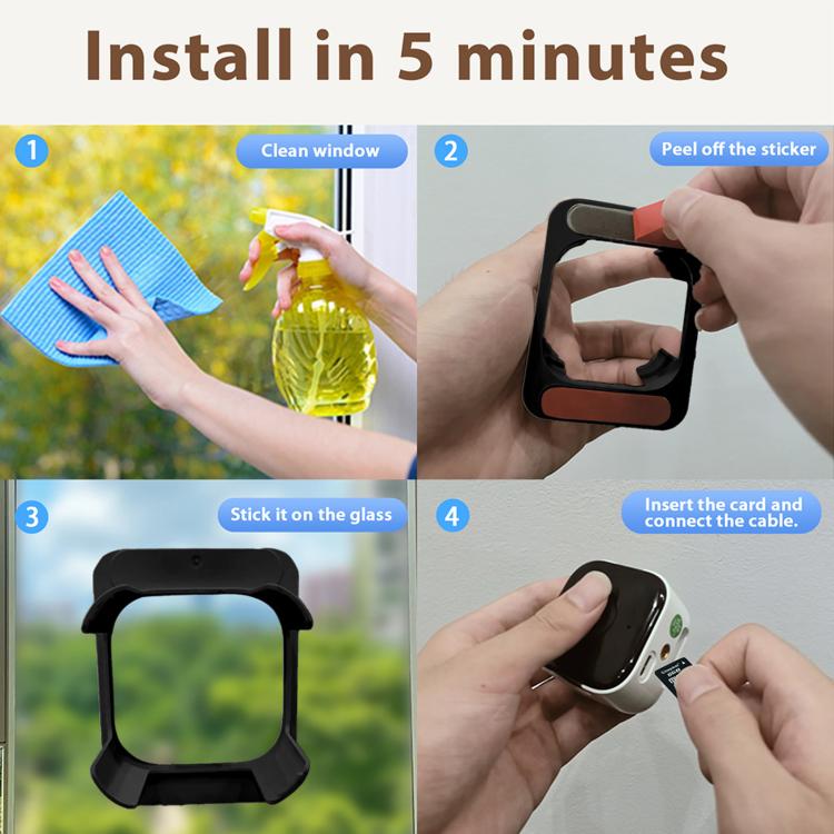 Dual-bracket window camera being installed on glass with a sticker mount