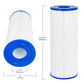 White and blue spa pool filter replacement cartridge with circular inlet opening