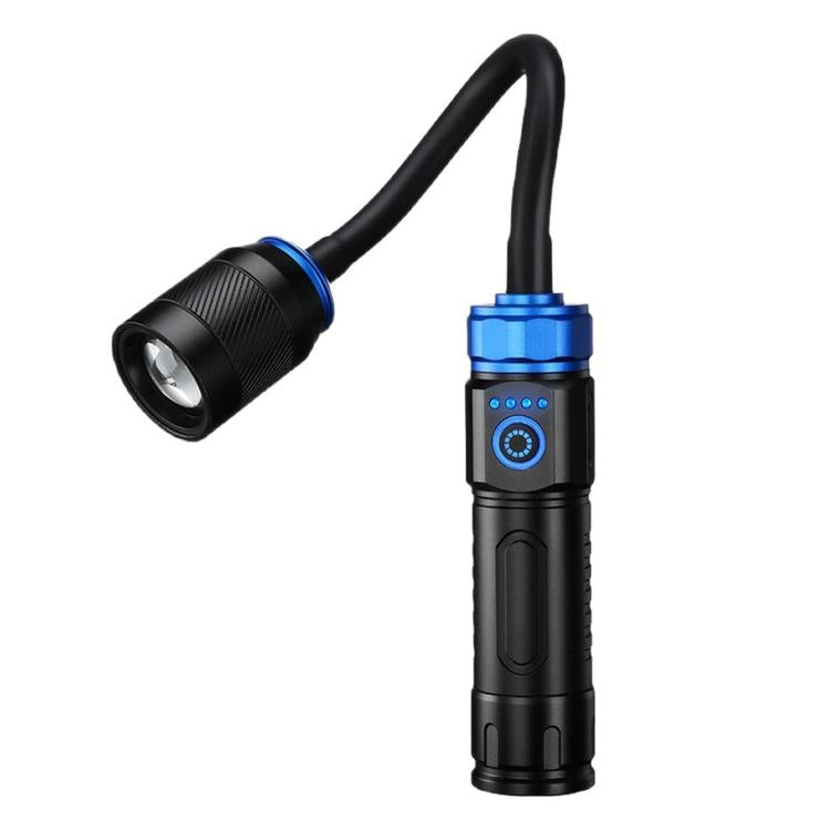Blue LED gooseneck work light flashlight with black body and glowing lens head