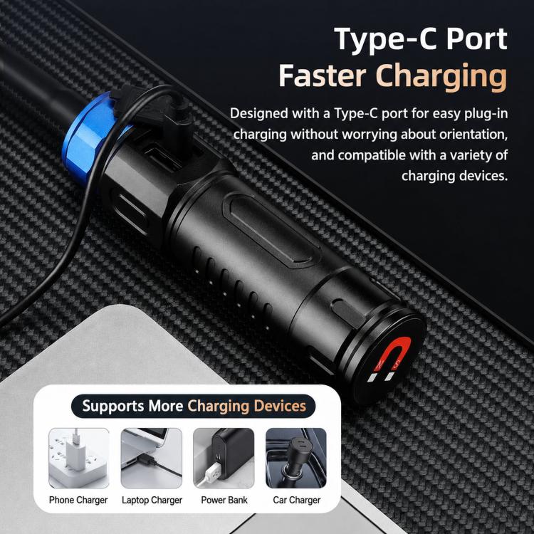 Black flashlight charging port on the body with blue accent ring