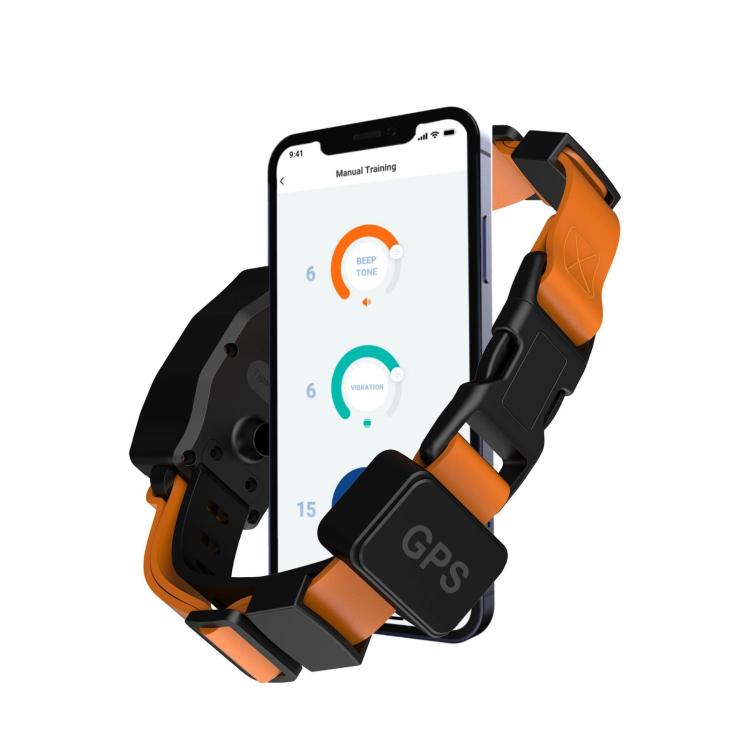 Orange GPS wireless dog training collar with black GPS module and app-ready design