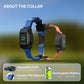 Adjustable GPS dog training collar in blue and orange with black control modules