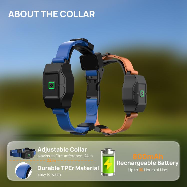 Adjustable GPS dog training collar in blue and orange with black control modules