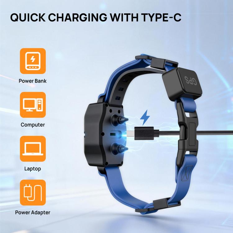 Blue GPS dog training collar with USB-C charging port on the black module