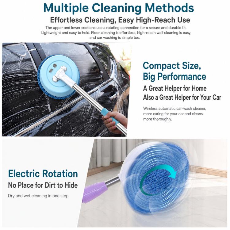 Cordless electric scrubber with rotating circular brush head and telescopic handle
