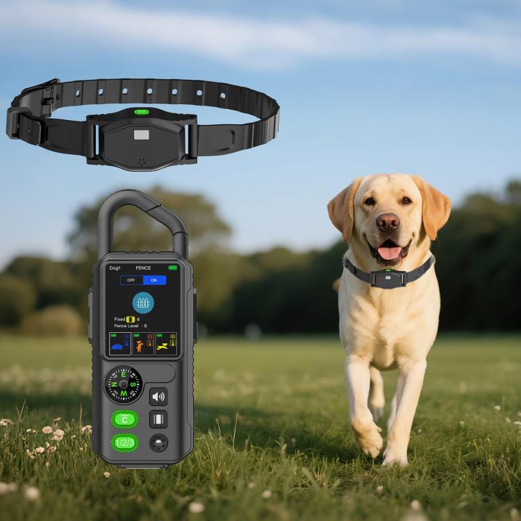 Outdoor waterproof electronic pet training collar with black strap and green indicator light