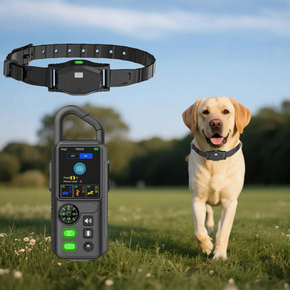 Outdoor waterproof electronic pet training collar with black strap and green indicator light