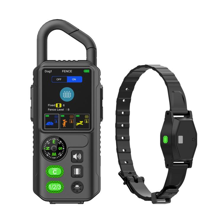 Electronic pet fence training remote with screen plus matching black collar receiver