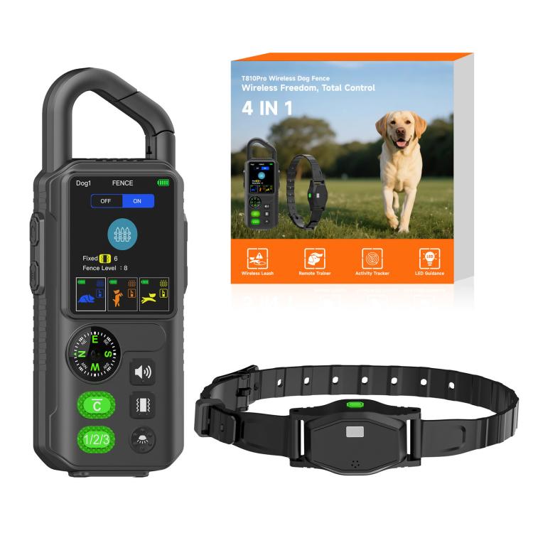 Wireless electronic pet fence training kit with black transmitter remote and receiver collar