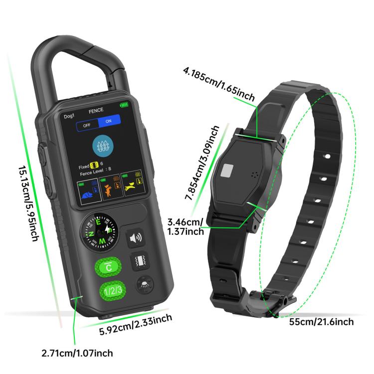 Black training remote with screen and matching collar receiver with green status light