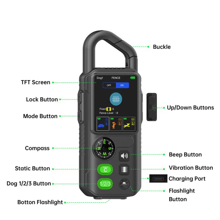 Black electronic training remote with TF T screen and control buttons
